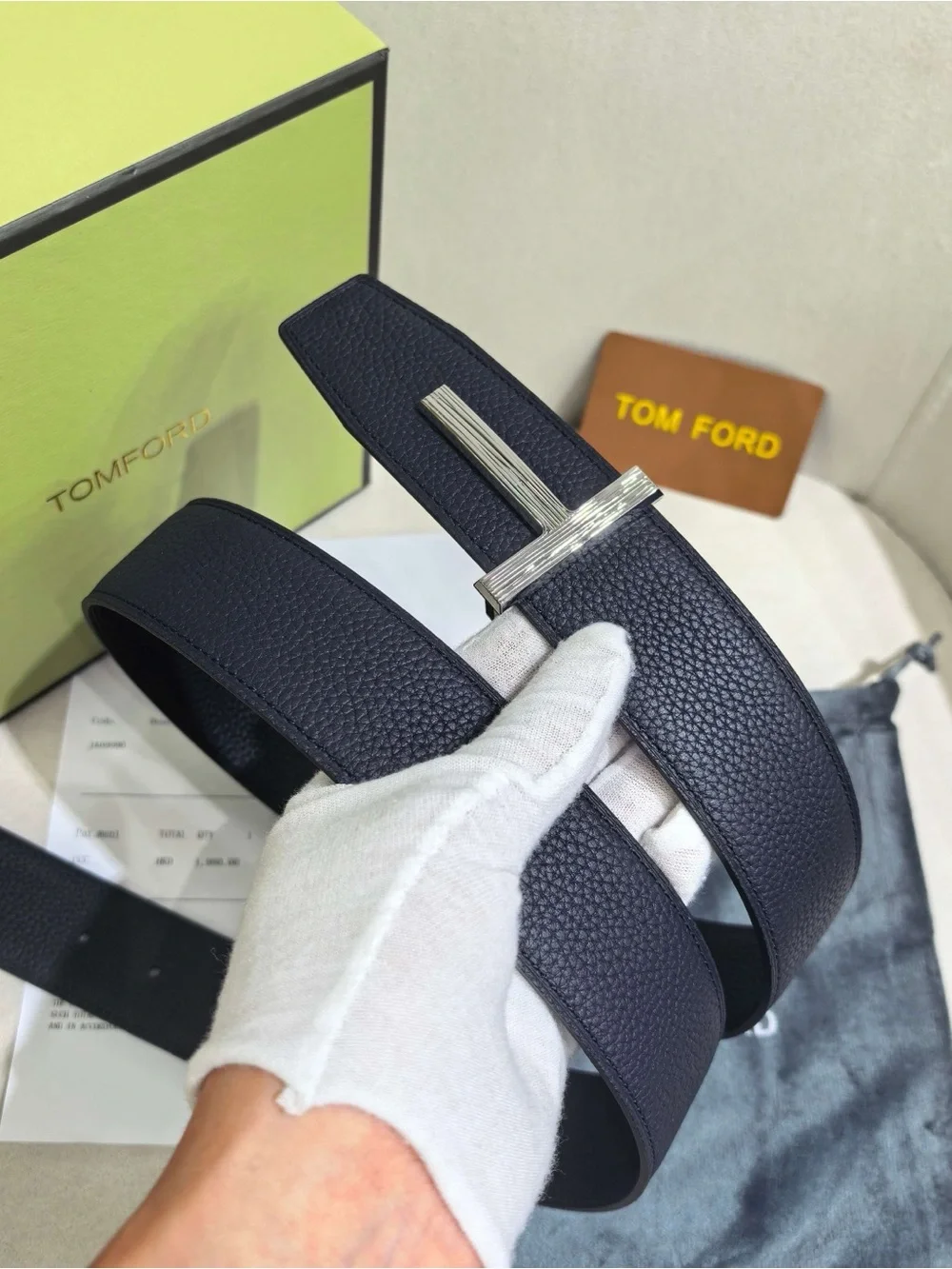 Tom Ford Navy Textured Leather Belt with Silver T Buckle